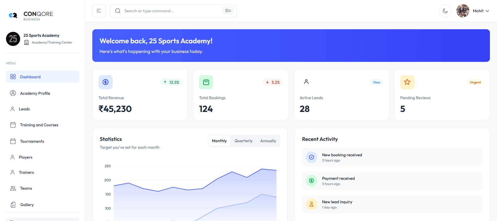 Conqore Business dashboard — list your academy, manage leads and bookings